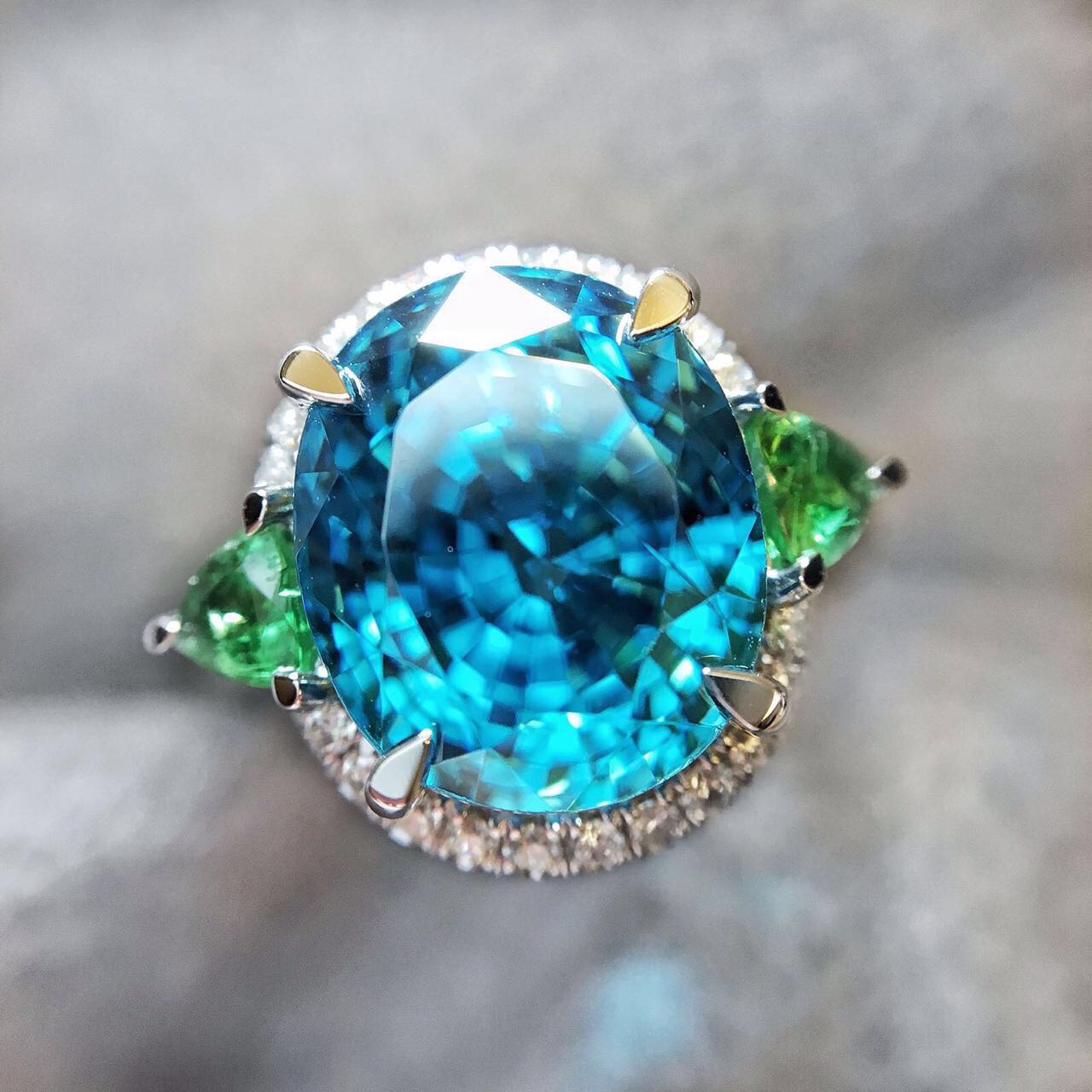 Zircon Tsavorite Diamond Ring in 18 White Gold Ring