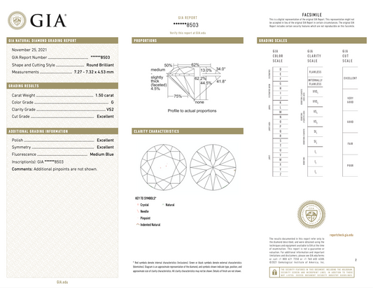 GIA鑽石 Round圓形 1.50卡 G VS2 EX EX EX Med