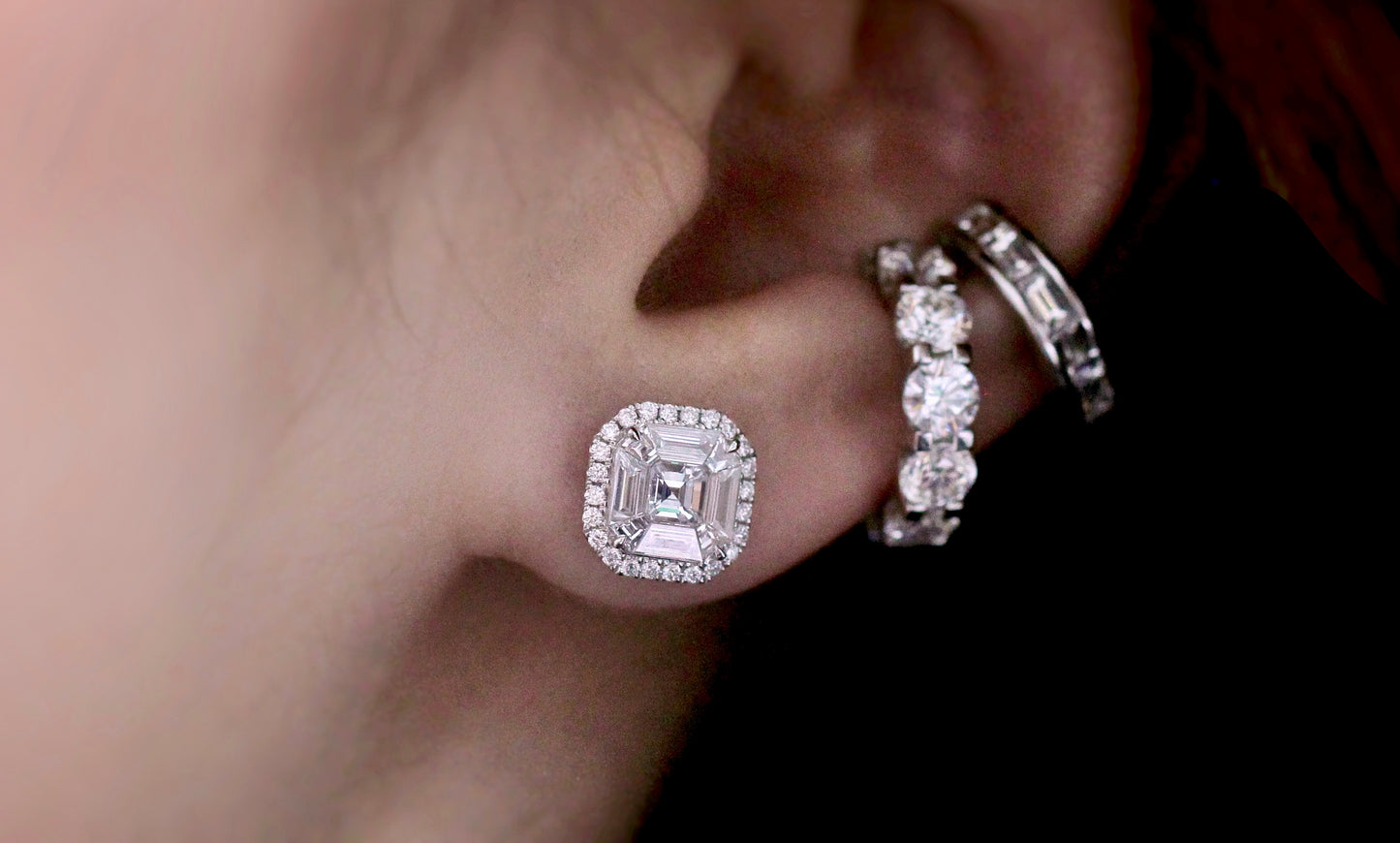 Illusion cut Asscher Diamond Earrings in 18K White Gold