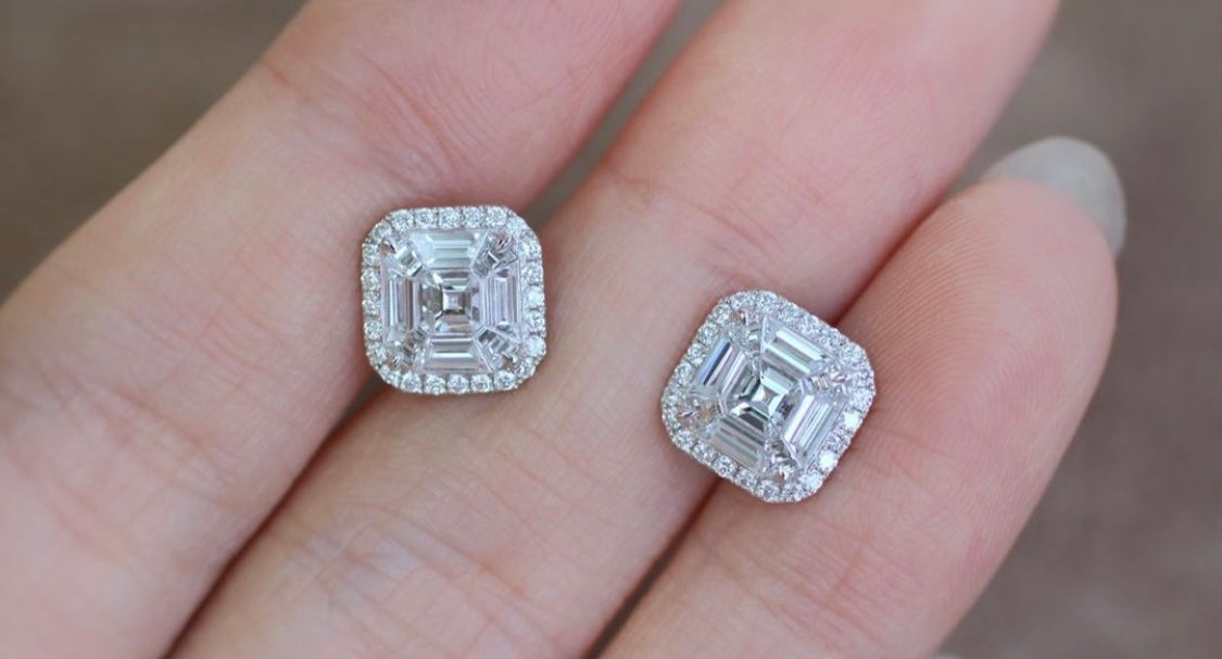 Illusion cut Asscher Diamond Earrings in 18K White Gold