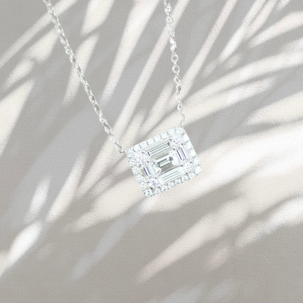 Illusion cut emerald shape 18K diamond necklace