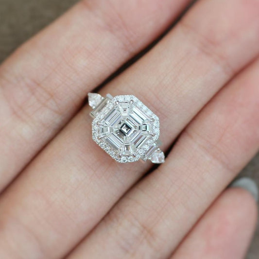 Illusion cut asscher shape Diamond Ring in 18K White Gold